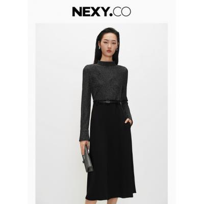 NEXY.CO/奈蔻2025秋新款气质立领银葱拼接三醋酸通勤百搭连衣裙女